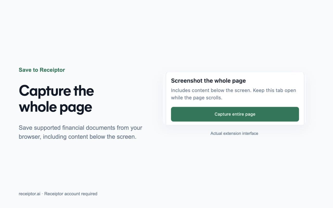 The Save to Receiptor extension showing the Capture entire page button