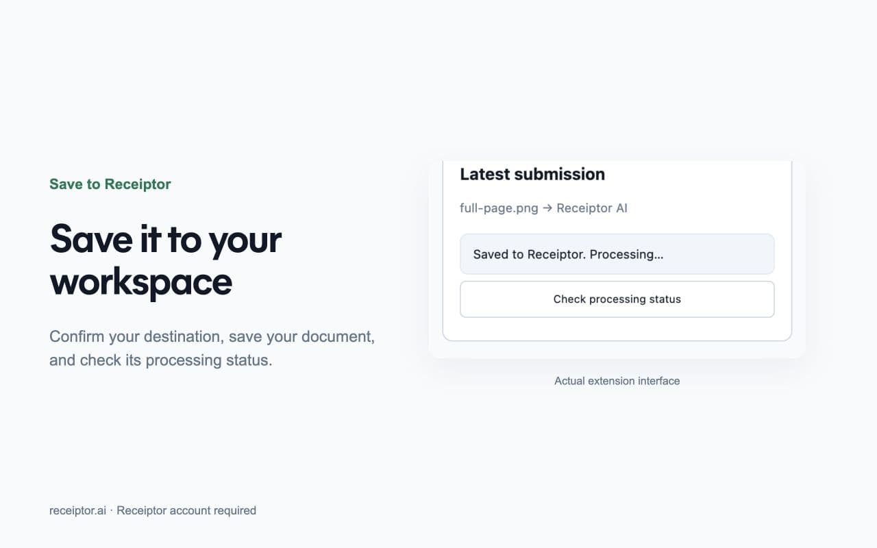 The Save to Receiptor extension showing a saved document that is processing