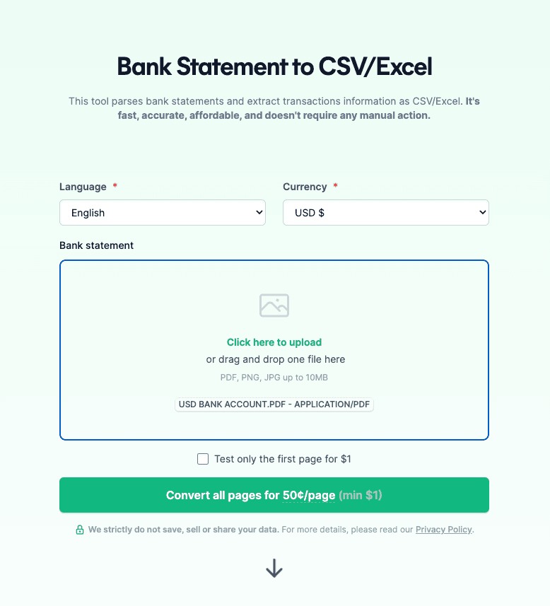A preview of Receiptor AI's "Bank Statement to CSV/Excel Converter"