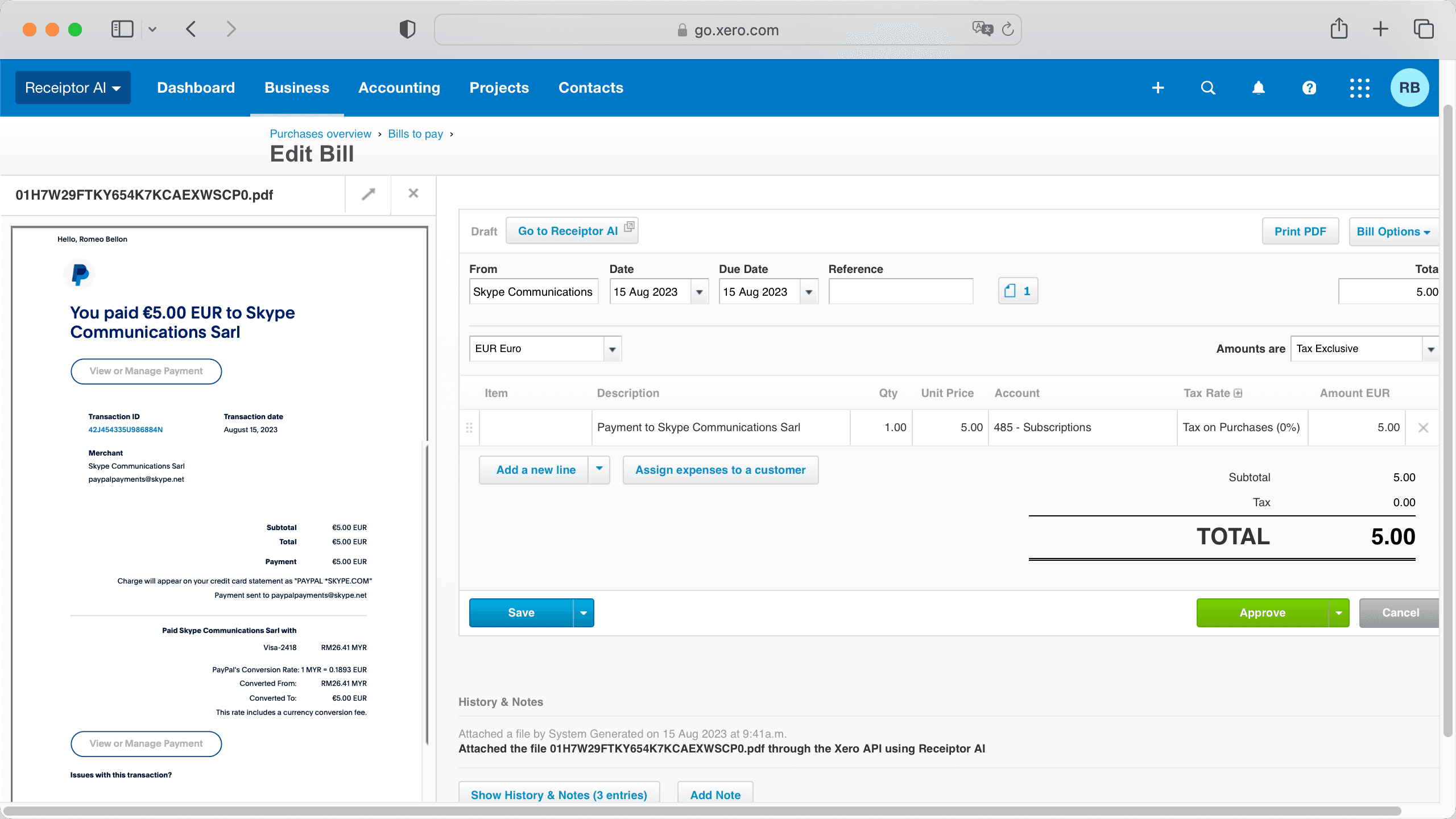 Xero Draft Bill added by Receiptor AI