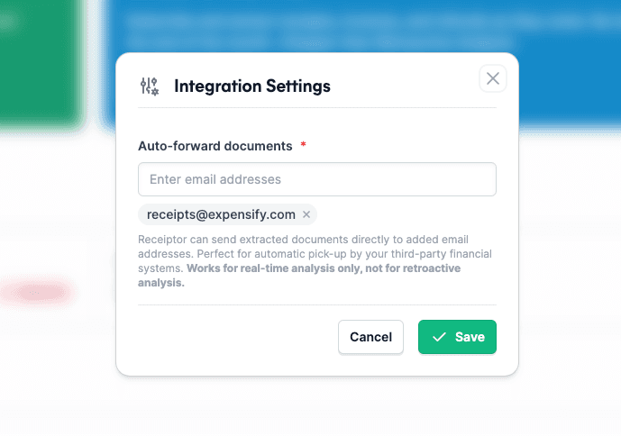 Screenshot of the Integration Settings in Receiptor AI's Dashboard